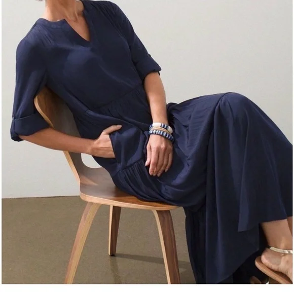 Chico's Navy Tiered Maxi Dress with Roll-Tab Sleeves sea island sz 4 -20/22 - Picture 4 of 8